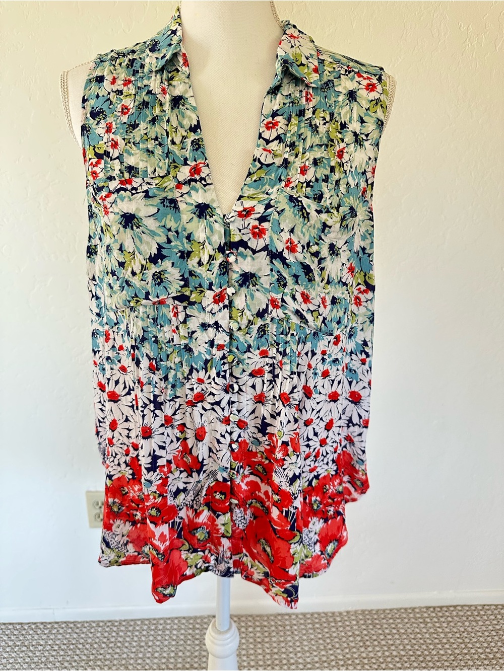 Anthropologie Sleeveless Floral Tunic in Blue, White, Red, Green